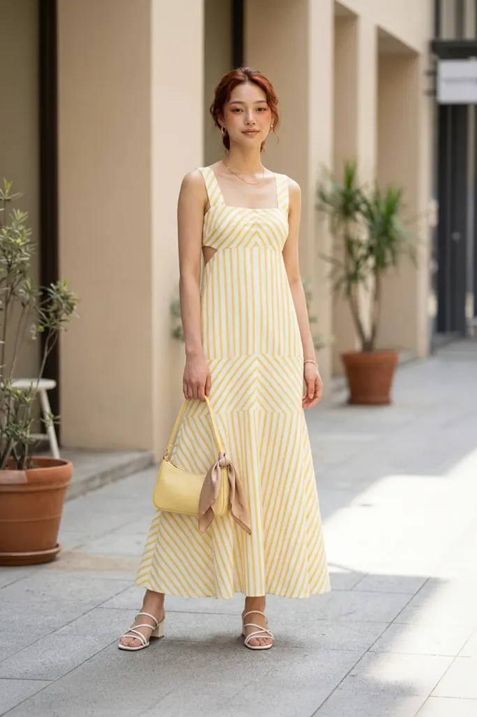 Yellow Striped Square Neck Maxi Dress - Image 1