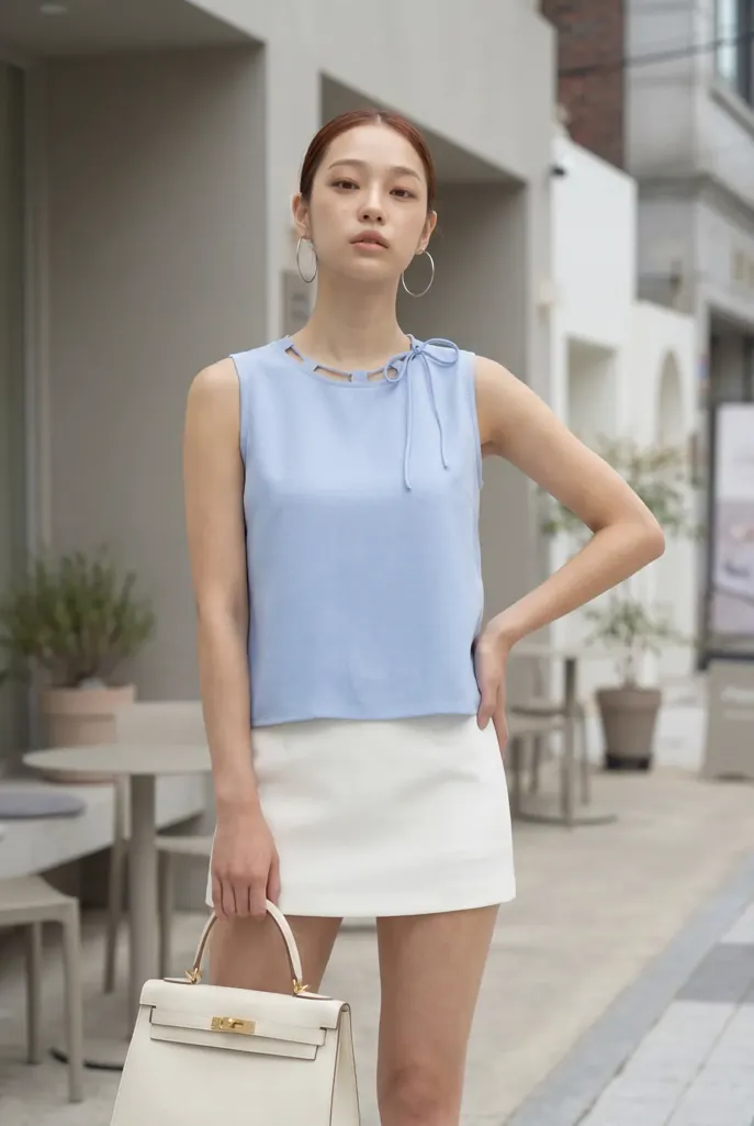 Blue Solid Tie-Up Neck Top - Image 1