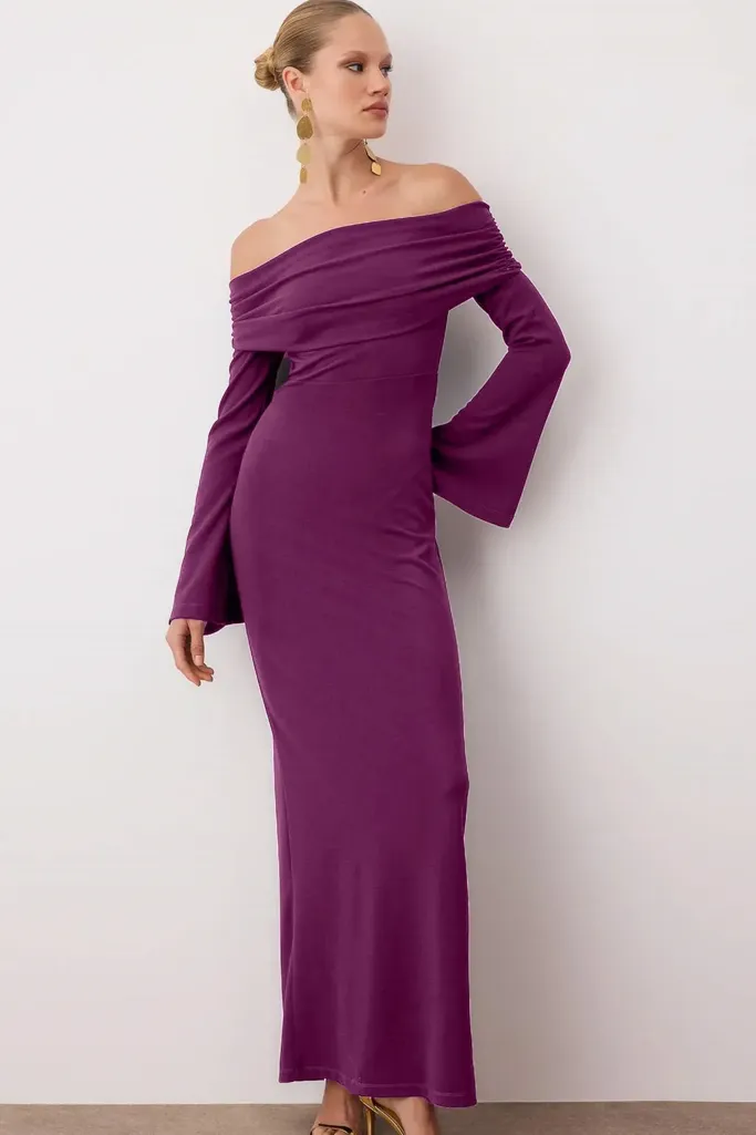 Ruched Off-Shoulder Purple Maxi Dress - Image 1
