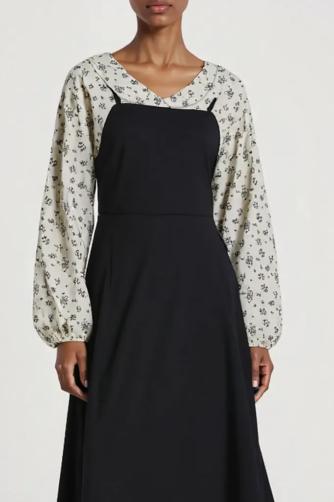 Black Floral Peter Pan Collar Midi Dress - Image 1