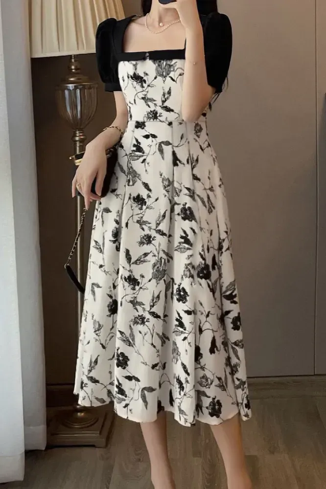 Black Floral Printed Square Neck Midi Dress - Image 1