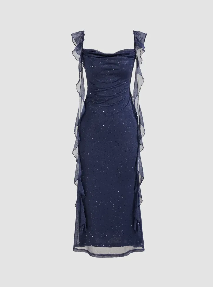 Navy Shimmer Ruffle Ruched Midi Dress - Image 1