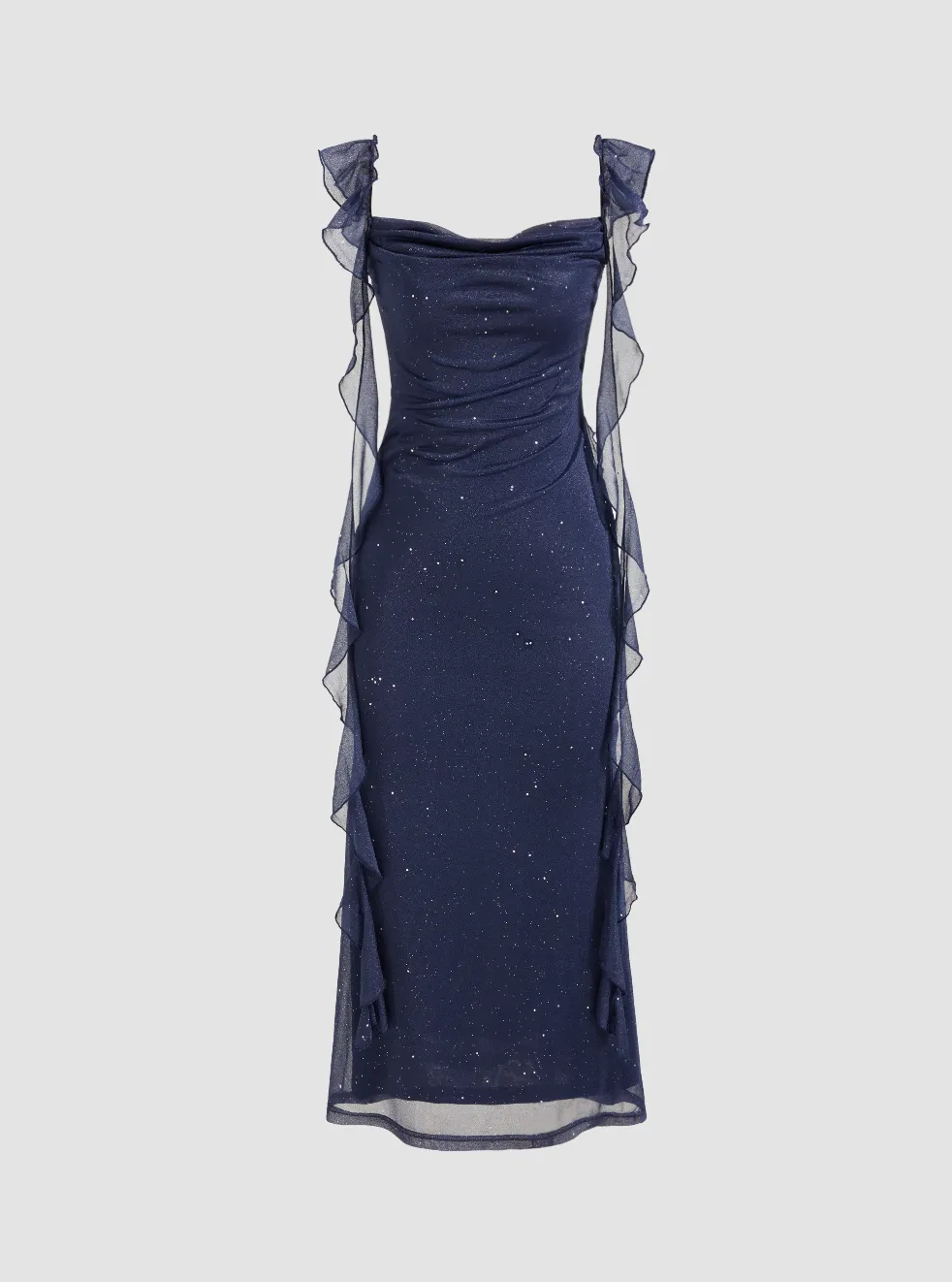 neia ruffle dress in shimmer blue chiffon Romance Ruffle Dress, in Steel Blue Chiffon, Size: XS | Show Me Your Mumu