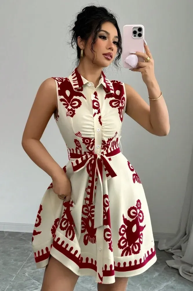 Red Ethnic Printed Collared Mini Dress - Image 1