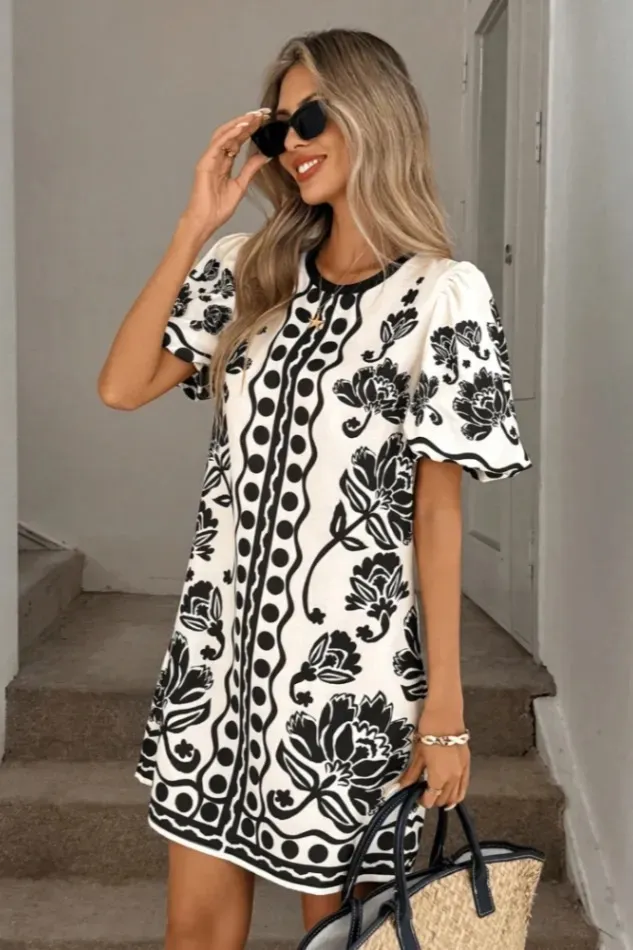 White Ethnic Print Mini Dress - Image 1
