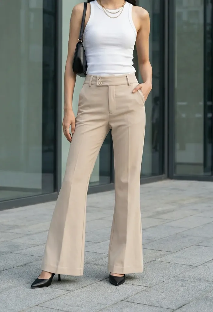 Beige Mid Rise Bell Bottom Trousers - Image 1