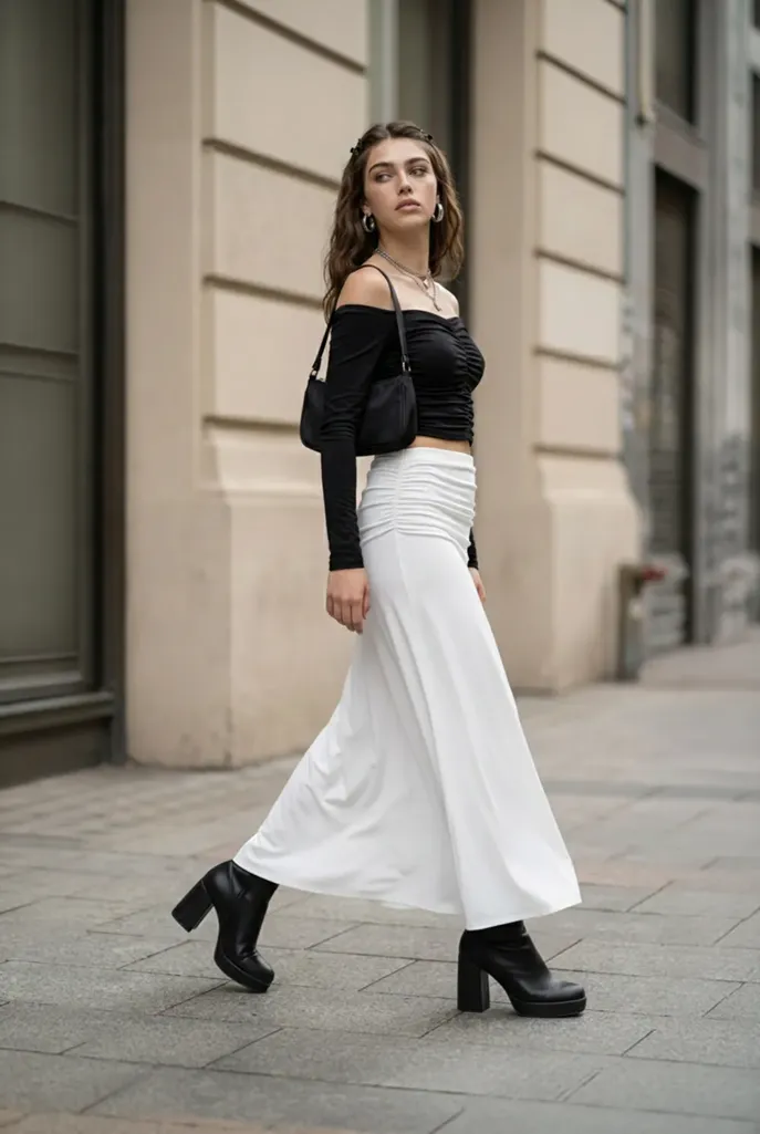 White Mid Rise Ruched Maxi Skirt - Image 1