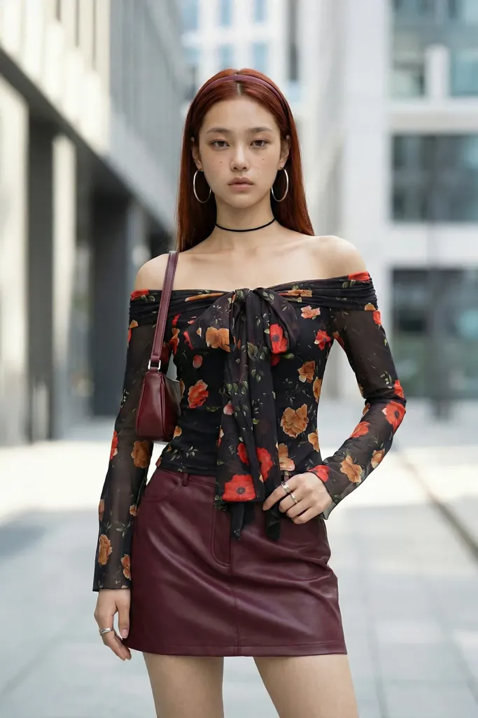 Black Floral Off Shoulder Top - Image 1