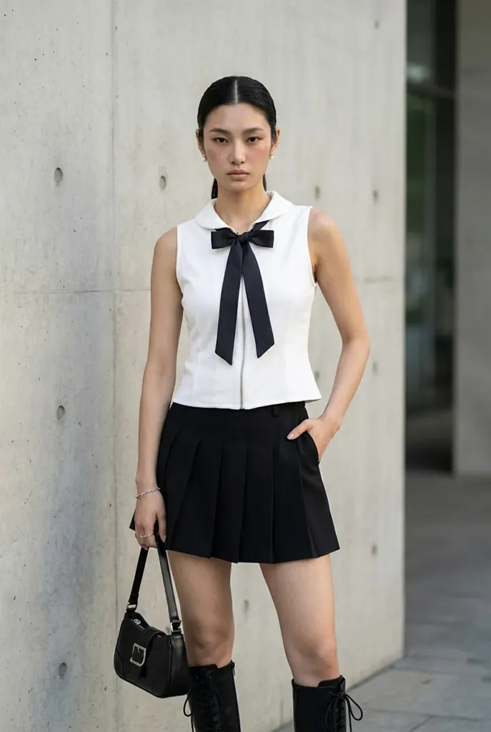 White Solid Lapel Collar Top - Image 1