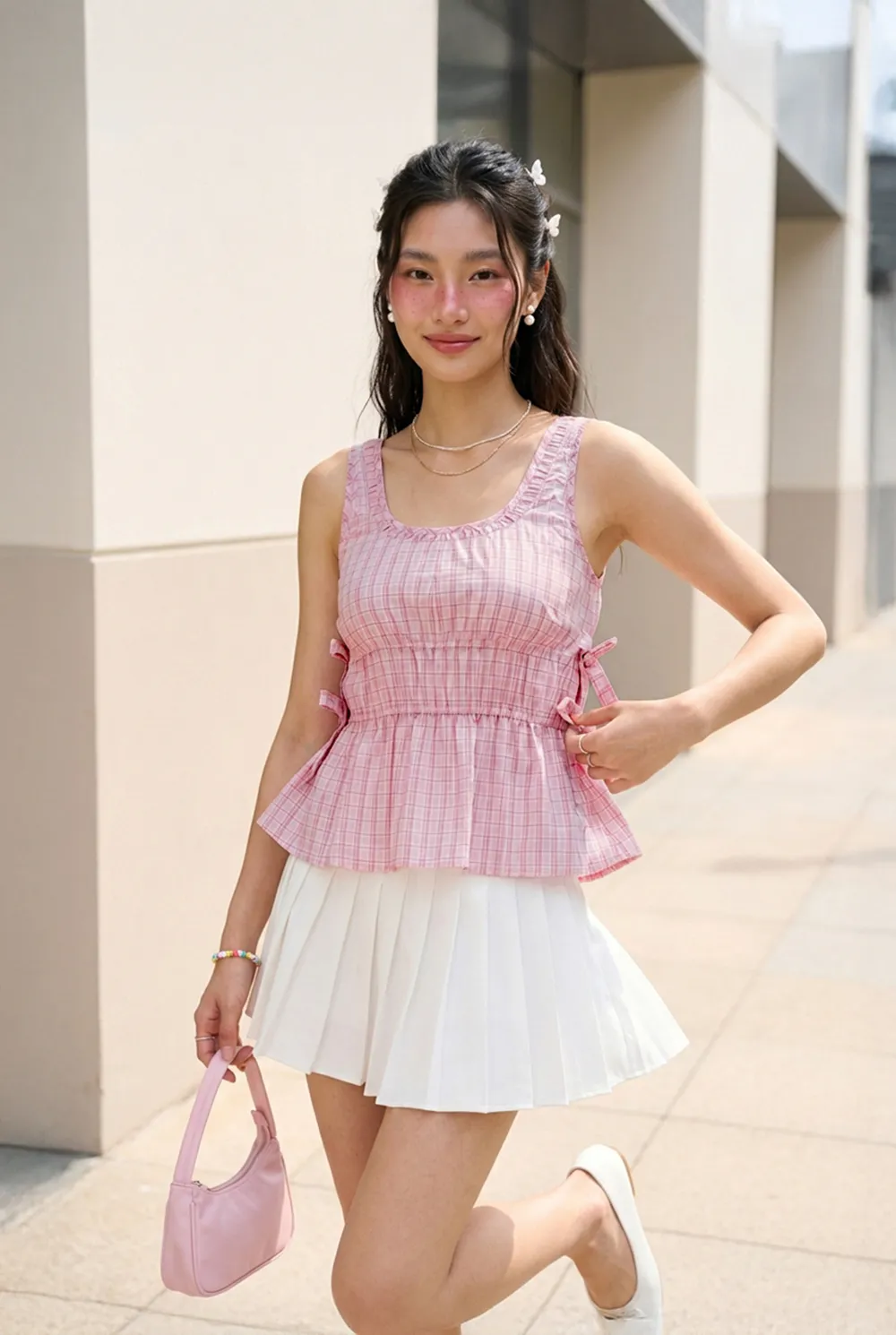 Pink Checkered Smocked Top - NEWME