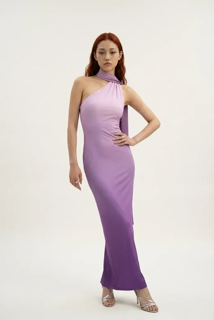 Purple One Shoulder Choker Neck Maxi Dress - NEWME