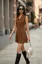 Brown Solid Collared Neck Mini Dress