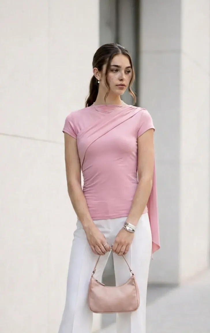 Pink Ruched High Neck Top - Image 1