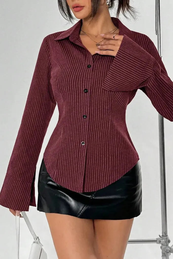 Wine Striped Cinched Waist Shirt - Image 1