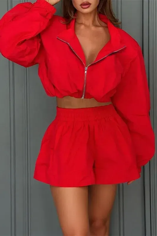 Red Solid Crop Co-Ord Set - Image 1