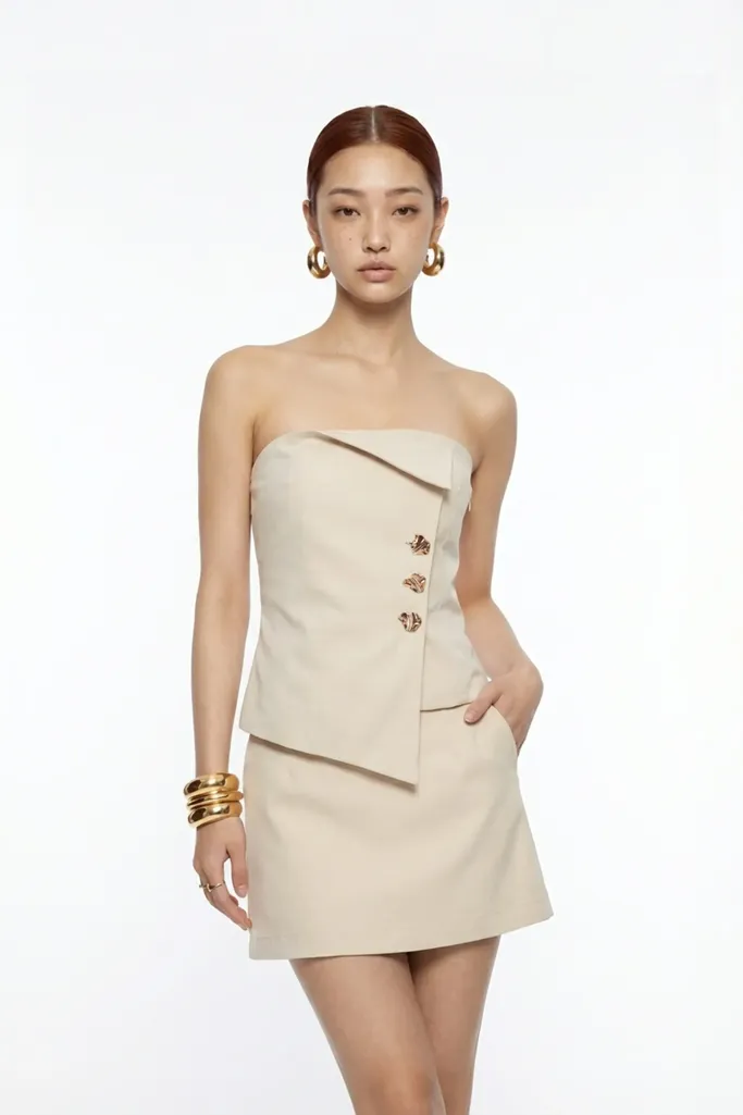 Beige Solid Tube Neck Co-Ord Set - Image 1
