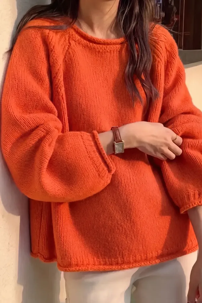 Orange Solid Round Neck Sweater - Image 1