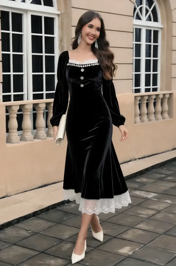 Black Lace Insert Mermaid Midi Dress - Image 1
