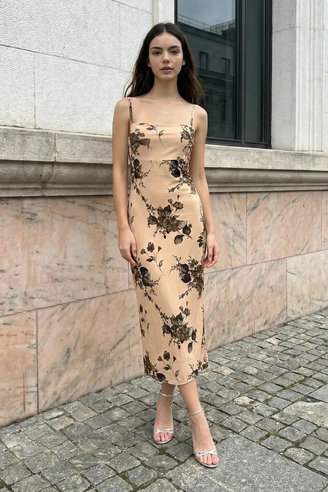 Beige Floral Print Draped Midi Dress - NEWME