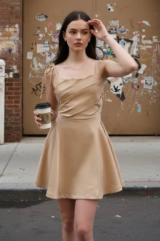 Cream Draped Flared Mini Dress - NEWME
