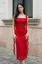 Red Shimmer Ruched Ruffle Midi Dress