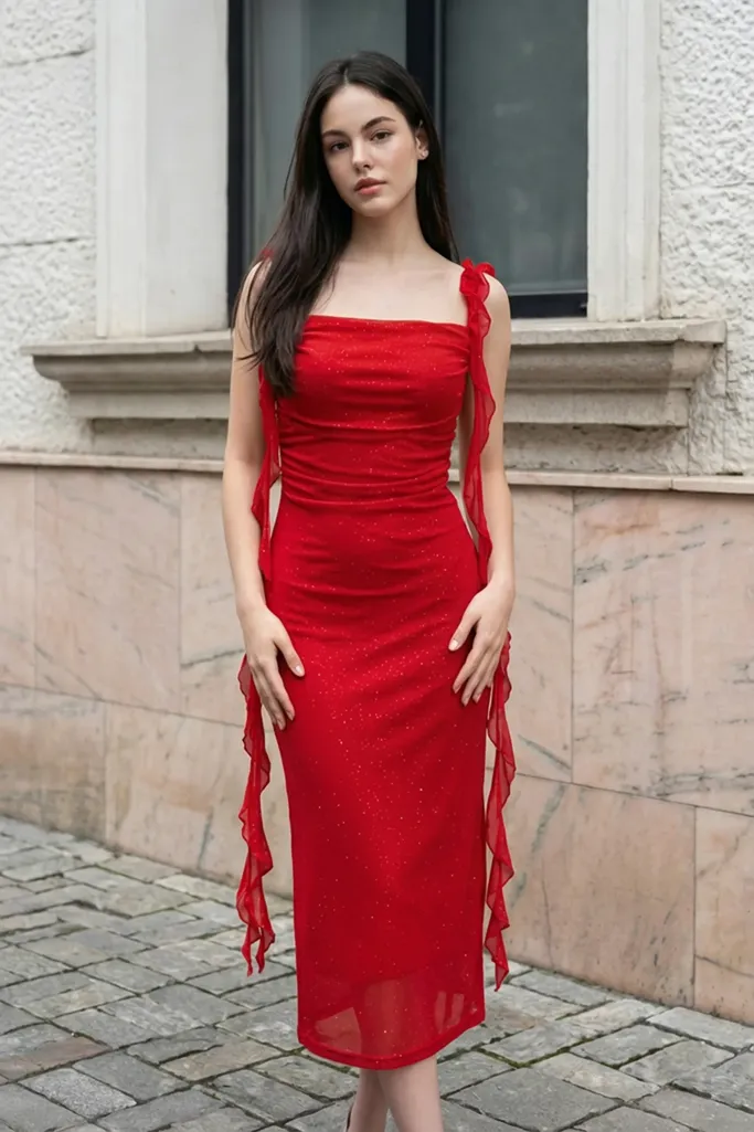 Red Shimmer Ruched Ruffle Midi Dress - Image 1