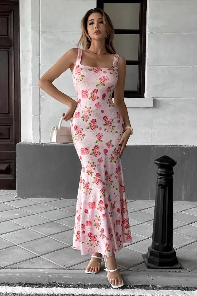 Light Pink Floral Trumpet Maxi Dress - Image 1