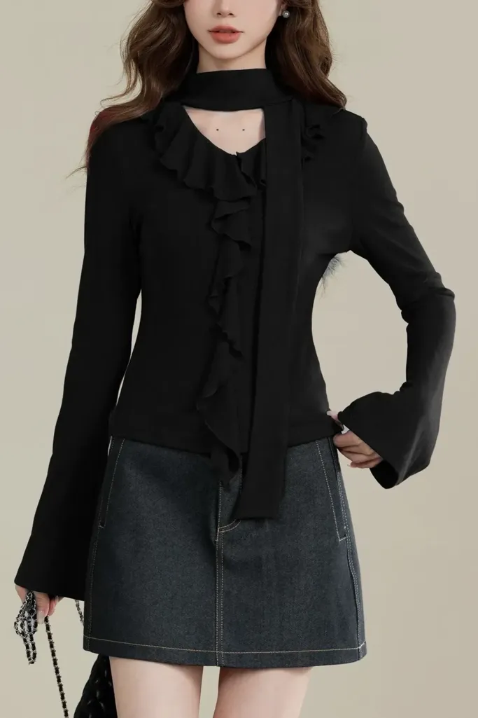 Black Solid Ruffled Choker Neck Top - Image 1