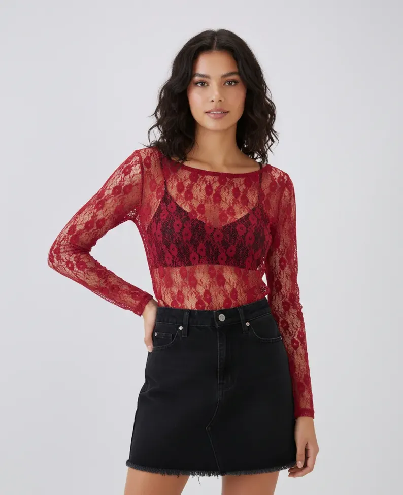 Red Boat Neck Lace Top - Image 1