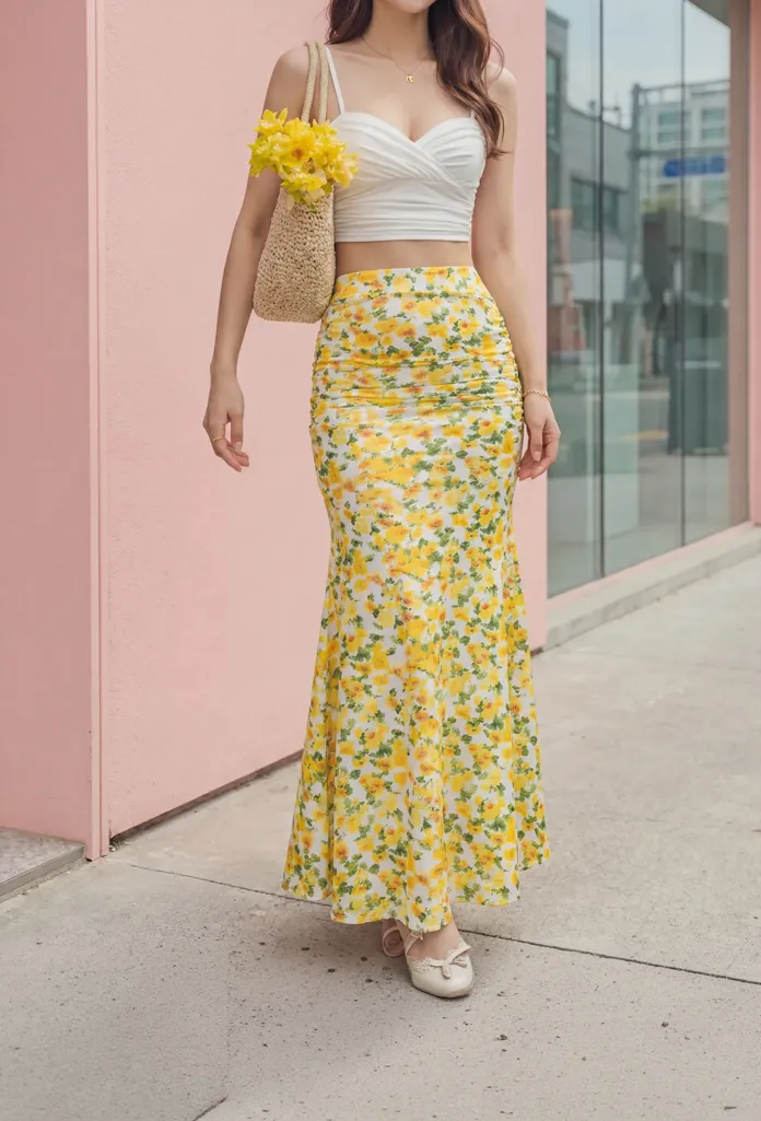 Yellow Mid Rise Floral Maxi Skirt - Image 1