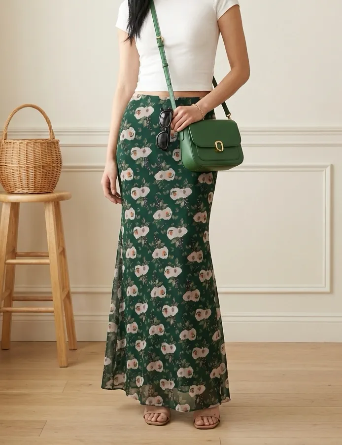 Green Floral Mid Rise Mermaid Maxi Skirt - Image 1