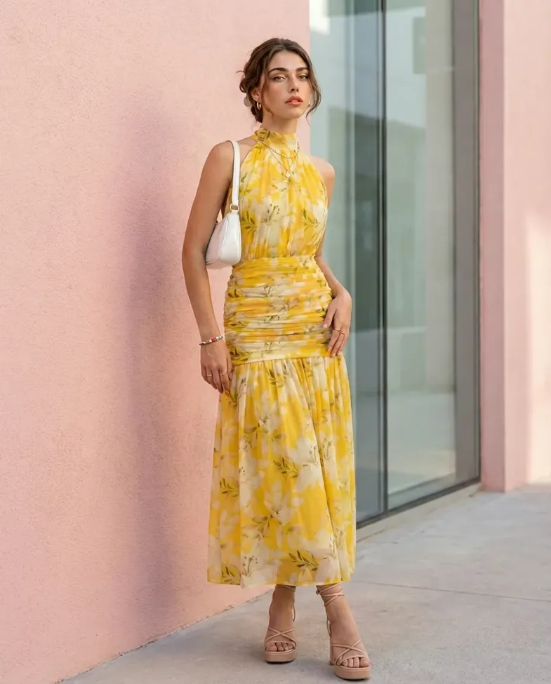 Yellow Floral Ruched Maxi Dress - Image 1