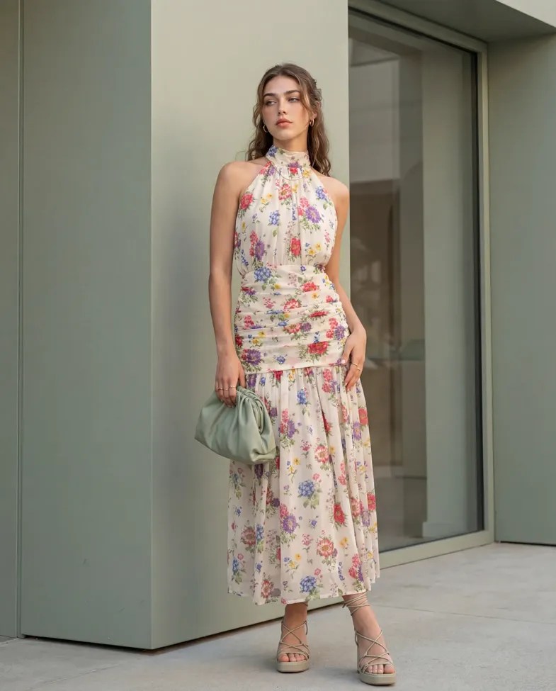 Off White Floral Ruched Maxi Dress - Image 1