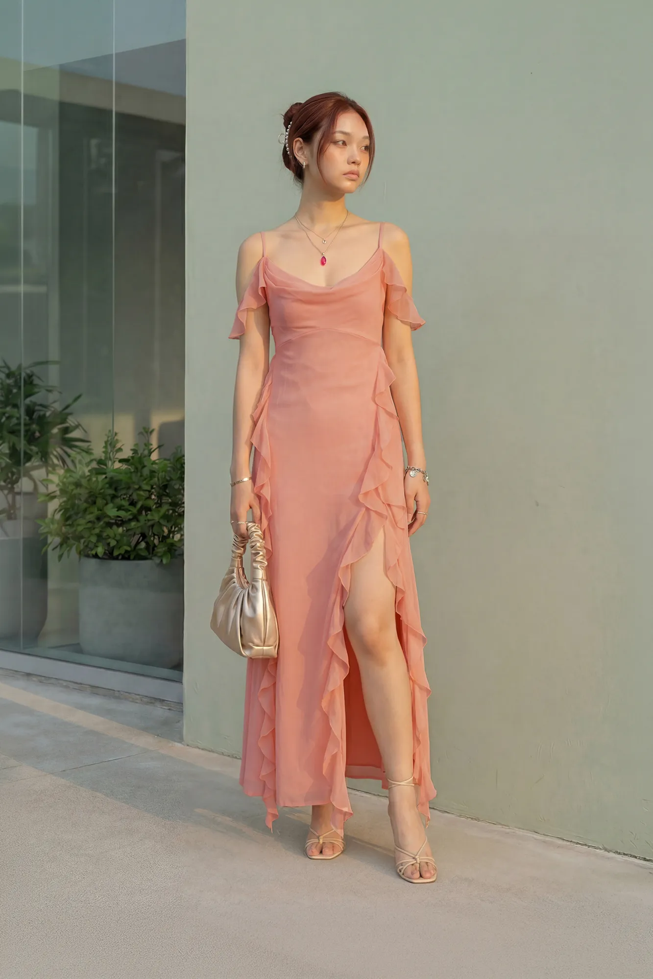 Peach Solid Ruffled Slit Maxi Dress