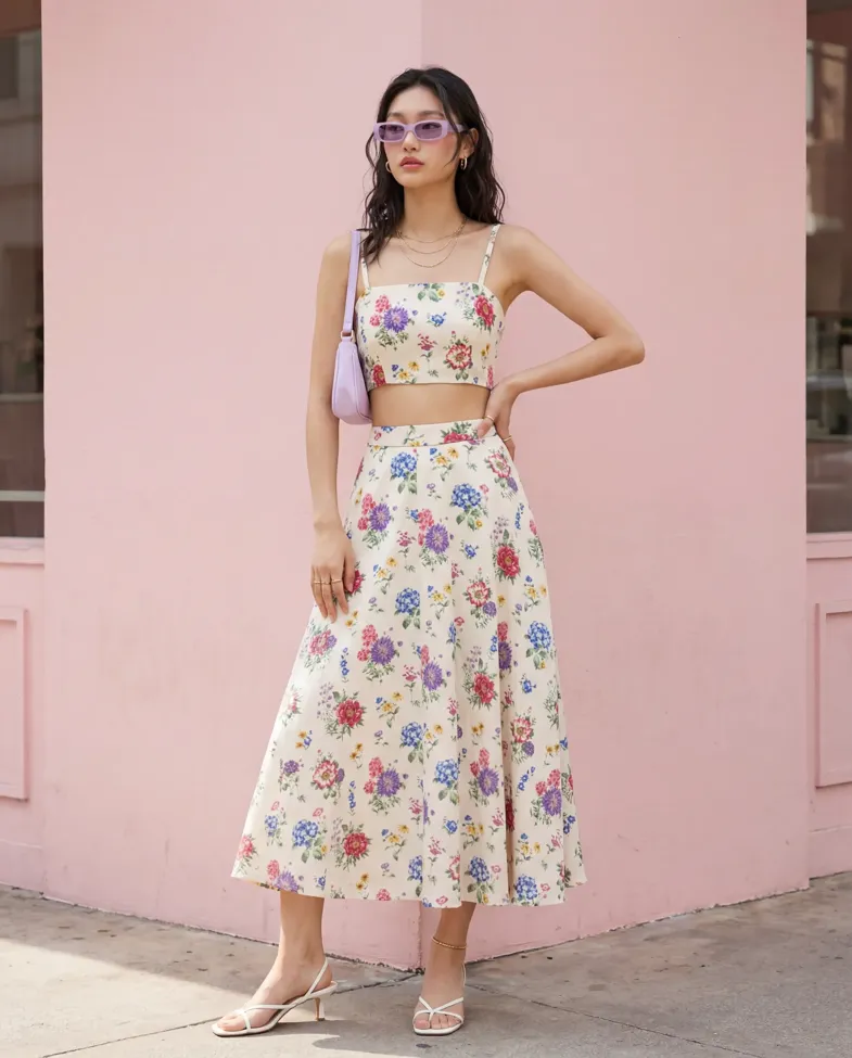 Off White Floral Square Neck Co-Ord Neck - Image 1