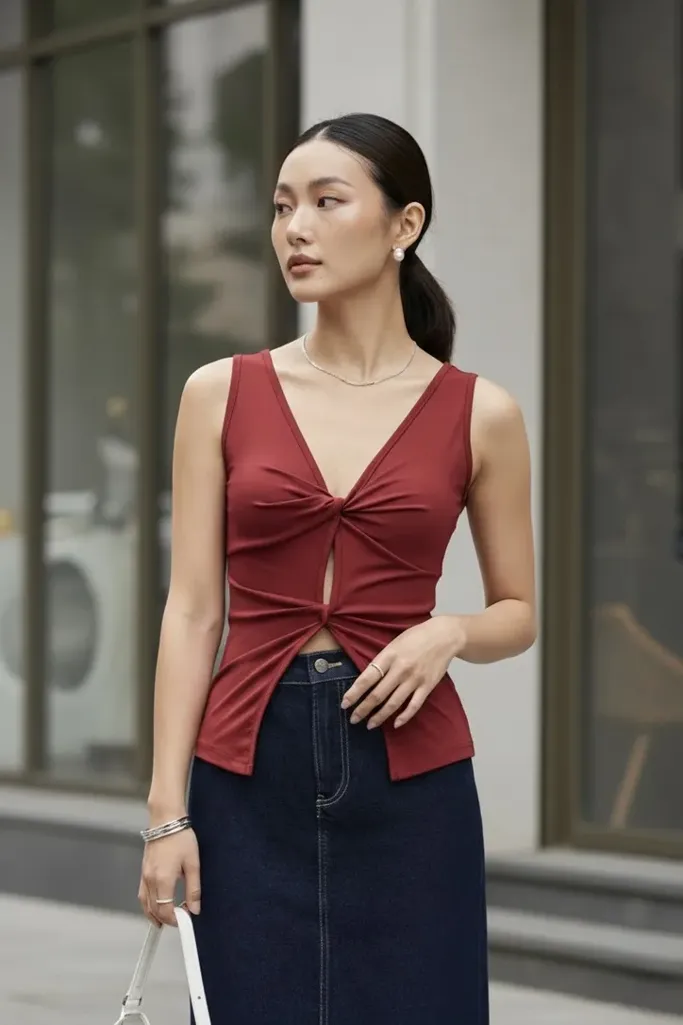 Red Sold V-Neck Buttoned Top - Image 1
