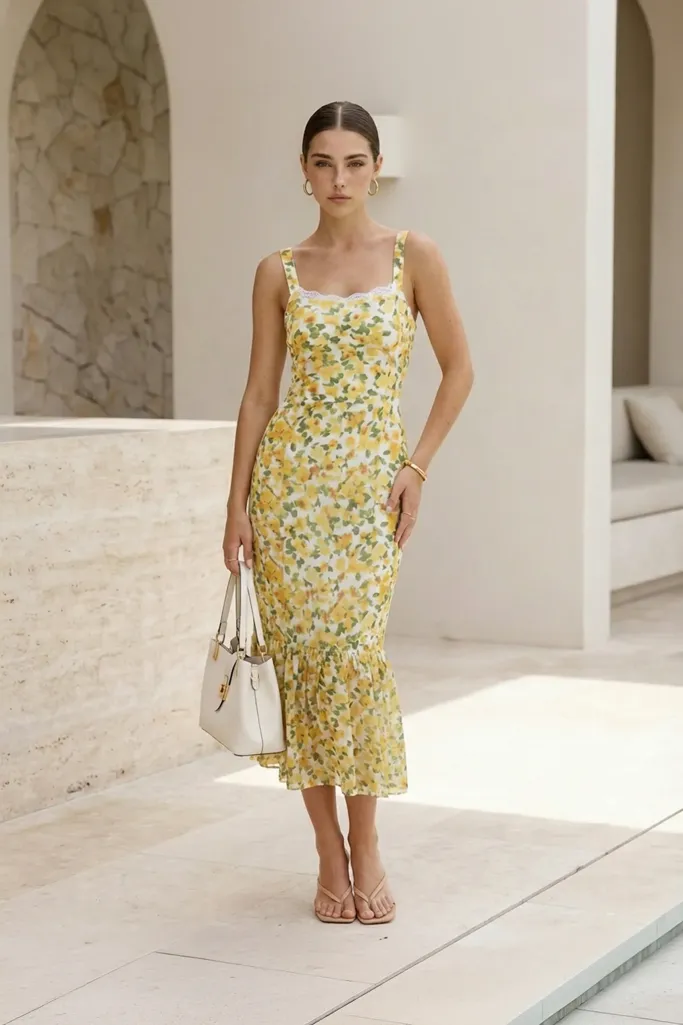 Yellow Floral Square Neck Maxi Dress - Image 1