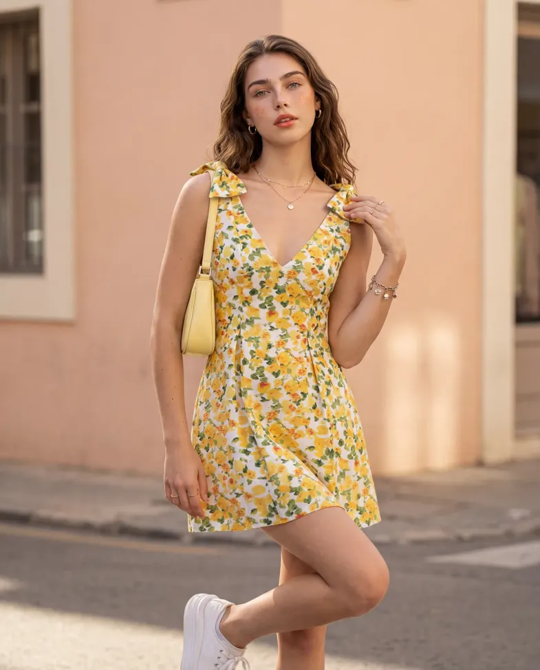 Yellow Floral V-Neck Mini Dress - Image 1