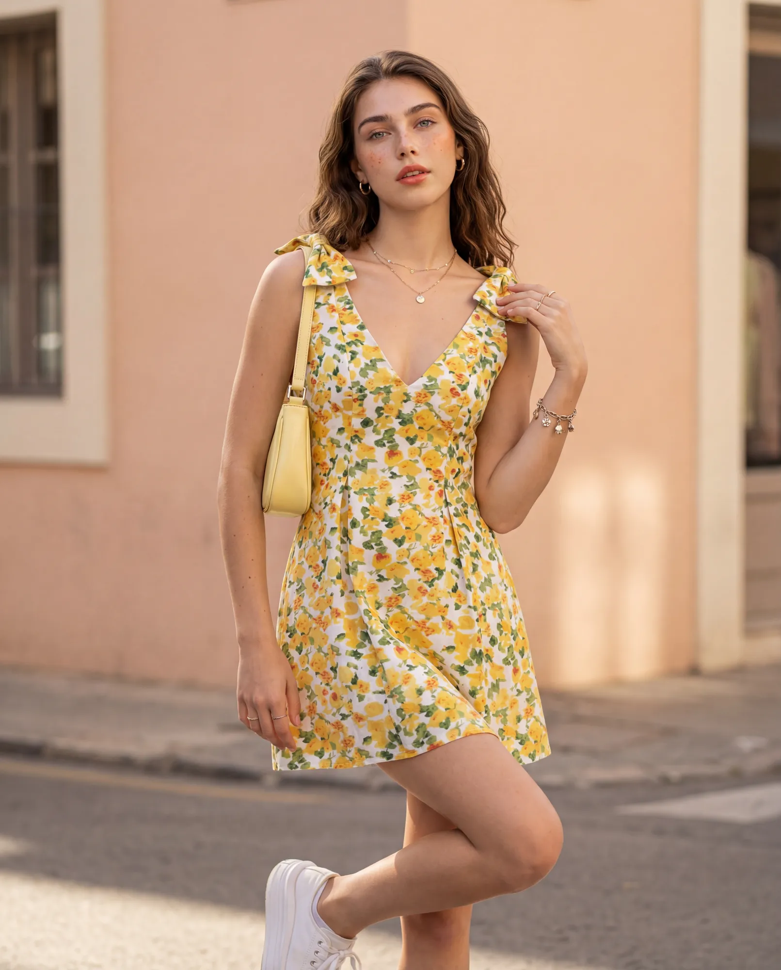 Yellow Floral V-Neck Mini Dress