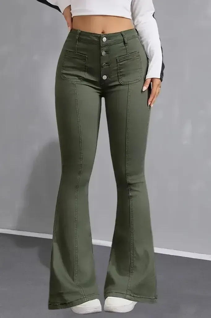 Olive Green High Rise Bootcut Jeans - Image 1