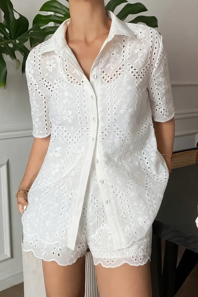 White Solid Schiffli Co-Ord Set - Image 1