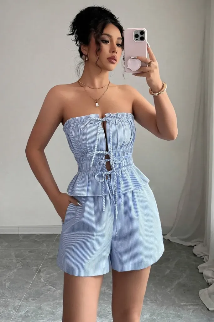 Light Blue Striped Tube Co-Ord Set - Image 1