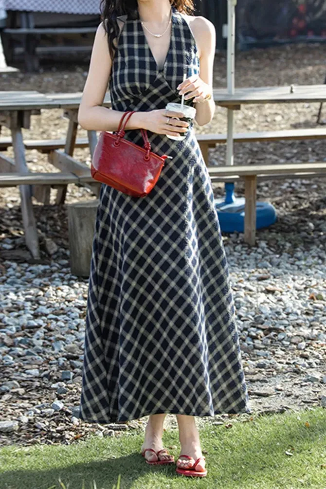 Dark Blue Plaid Maxi Dress - Image 1