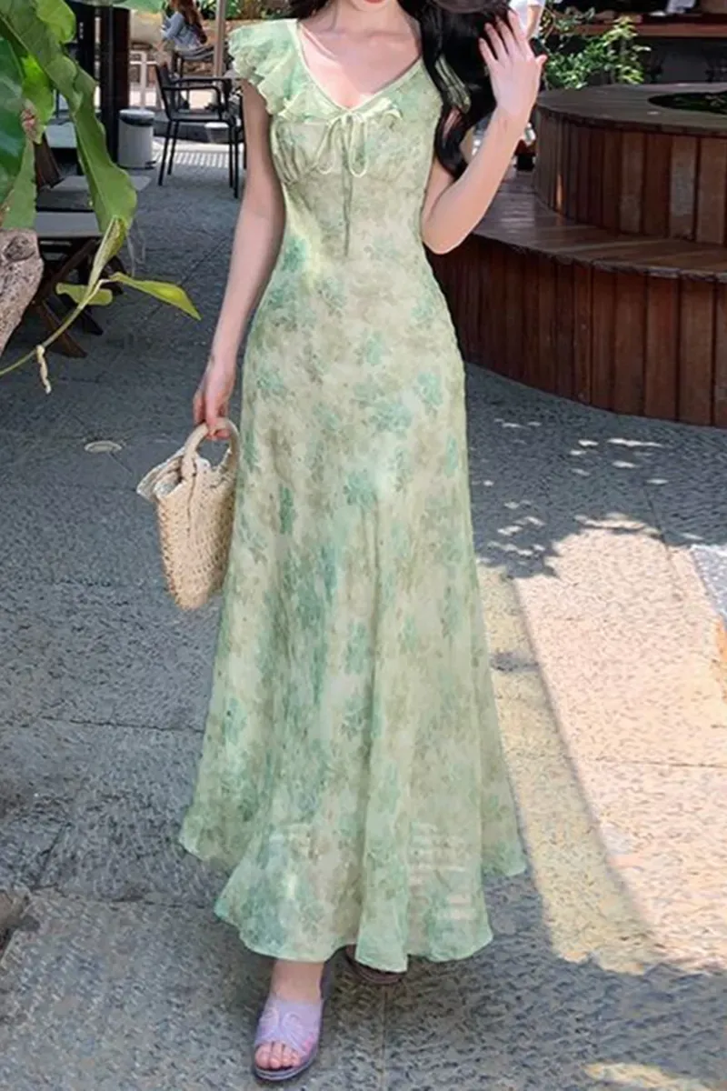 Light Green Floral V-Neck Maxi Dress - NEWME