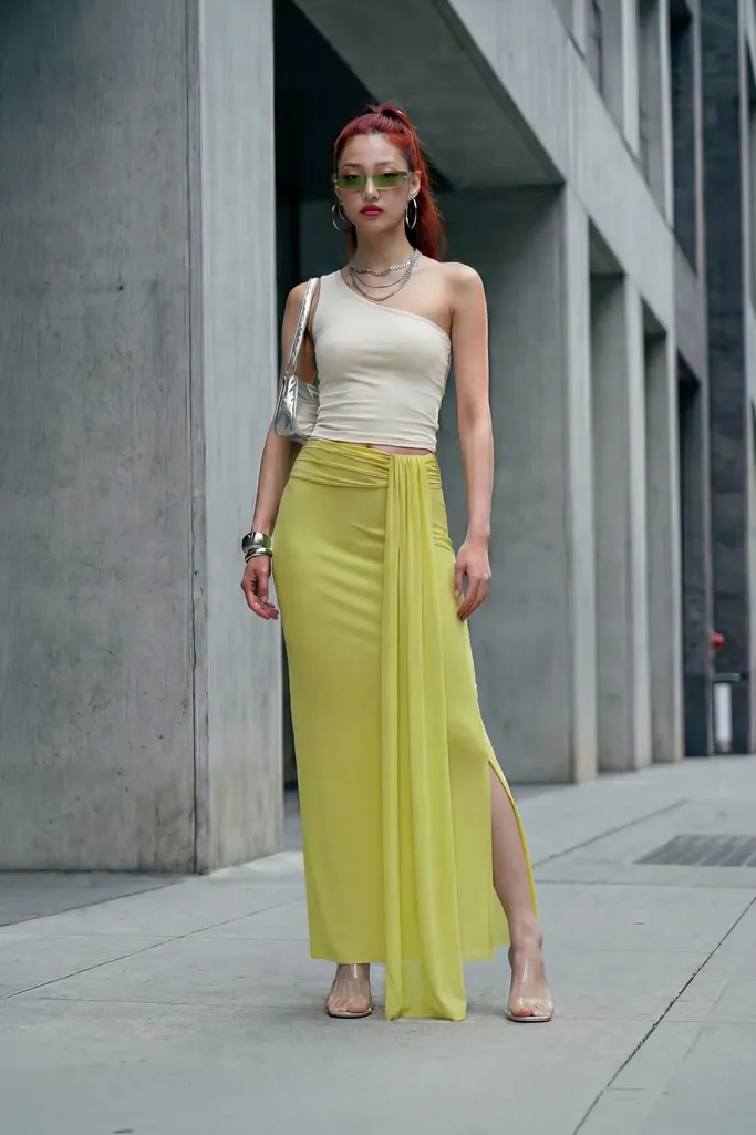 Light Green Mid Rise Draped Maxi Skirt - Image 1