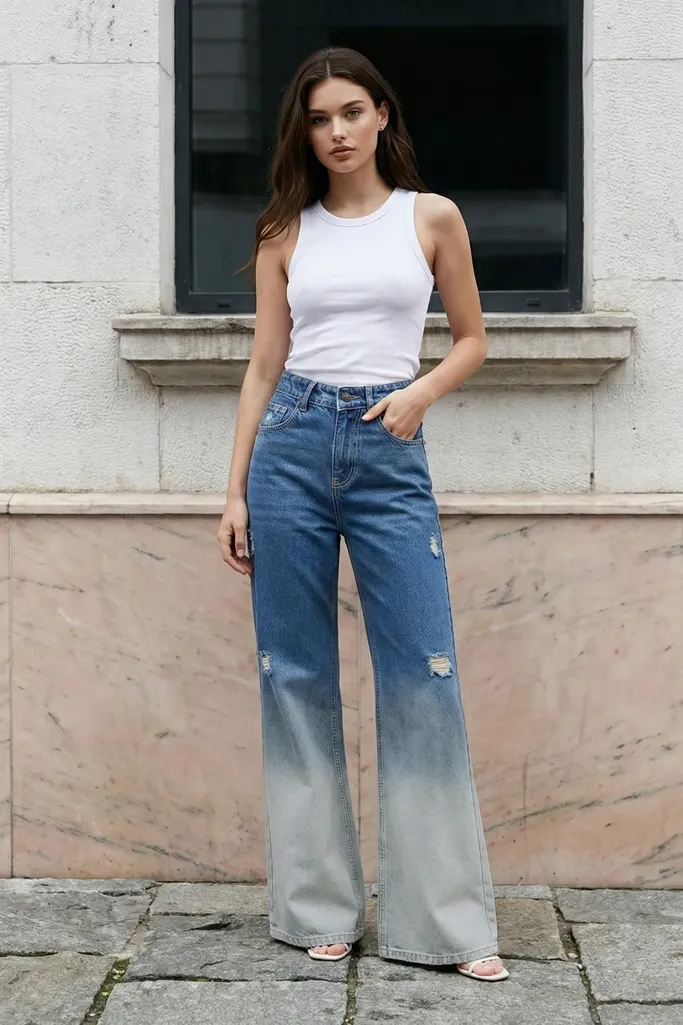 Blue Mid Rise Ripped Ombre Jeans - Image 1