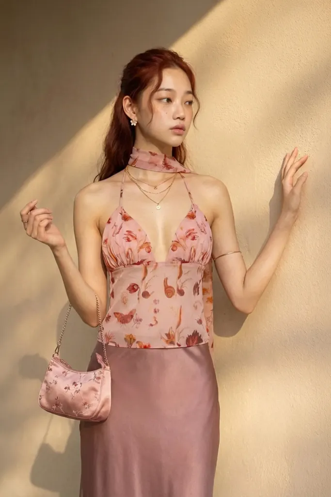 Pink Floral Halter Top With Scarf - Image 1