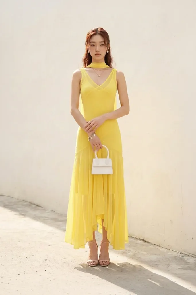 Yellow Solid V-Neck Bodycon Maxi Dress - Image 1