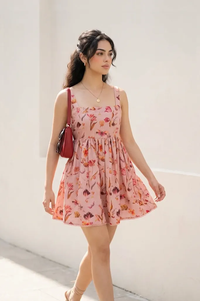 Peach Floral Square Neck Mini Dress - Image 1