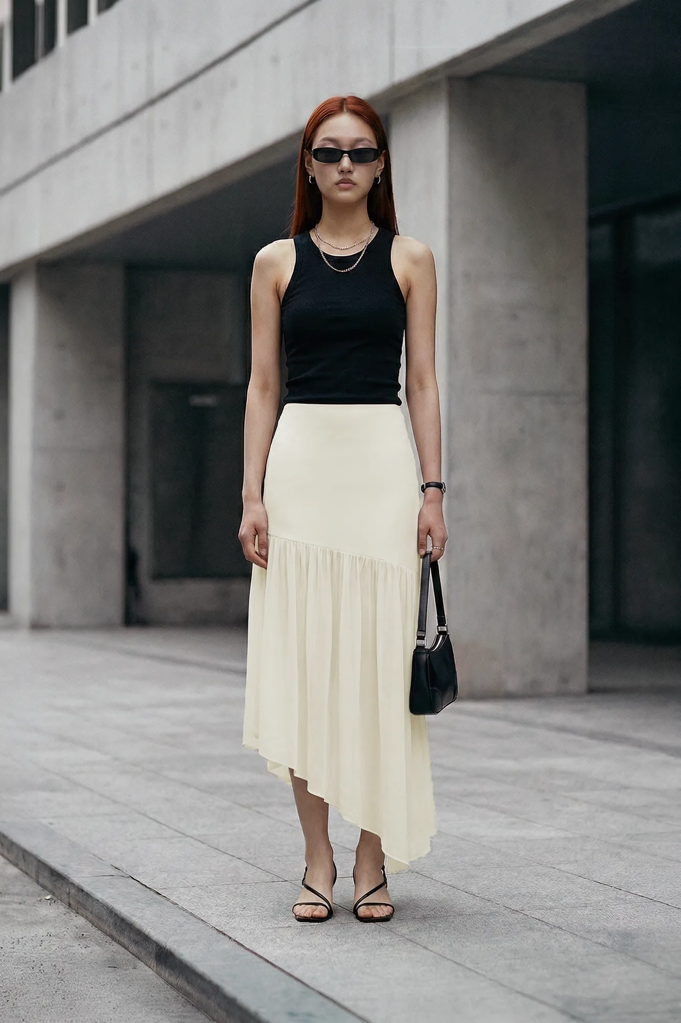 Off White Solid Draped Maxi Skirt